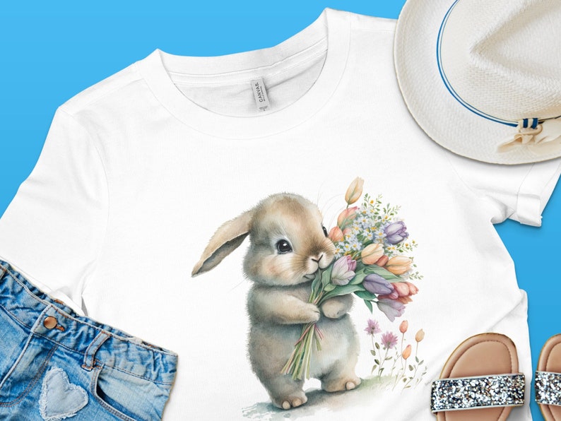 Cute Easter Bunny Floral Watercolor T-Shirt, Spring Time Rabbit with Flowers, Animal Lover, Easter Rabbit, Holy Week, Frohe Ostern, Paques