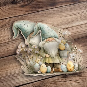 Adesivo gnomo da giardino stravagante, gnomo floreale carino con annaffiatoio, uova di Pasqua pastello, decorazione primaverile, decalcomania creatura fantasy