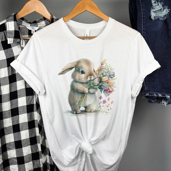 Cute Easter Bunny Floral Watercolor T-Shirt, Spring Time Rabbit with Flowers, Animal Lover, Easter Rabbit, Holy Week, Frohe Ostern, Paques