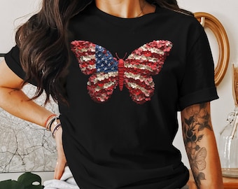 USA Butterfly T-Shirt American Flag Floral Butterfly made of Flowers 4th of July shirt Independence Day Shirt Moth Colorful Butterfly Tee
