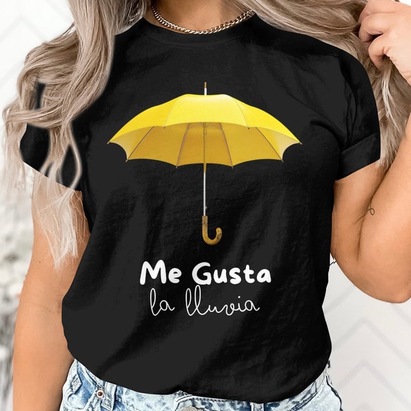 KDrama Tribute Yellow Umbrella T-Shirt "Me Gusta la Lluvia" - Spanish Quote Tee, Bright Summer Top with a Colorful Yellow Umbrella