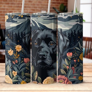 May include: Three stainless steel tumblers with a black labrador retriever dog head and floral design. The floral design features yellow, pink, and red flowers on a dark blue background.