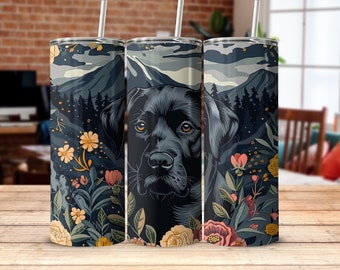 Black Labrador Retriever Tumbler Gift with Floral Background Mountain Landscape Art, Ideal Gift for Dog Lovers, Unique Travel Mug, Dog Owner
