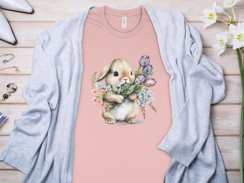 Cute Easter Bunny T-Shirt with Watercolor Floral Design, Spring Rabbit, Flower and Bunny Top, Adorable Animal Illustration, Frohe Ostern,