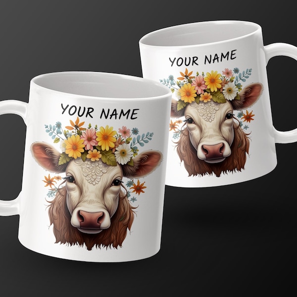 Personalized Cow Mug with Floral Crown Custom Name Coffee Mug Galician Floral Cow Mug Gift for Animal Lovers Cottagecore Customizable Mug