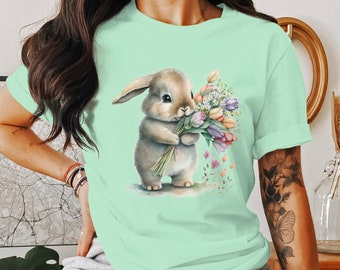 T-shirt lentehaas, schattig konijn bloemen T-shirt, zacht katoenen damesshirt, cadeau-idee paashaas, paashaas met bloemen