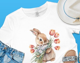Linda camisa de conejo de Pascua con flores acuarela camiseta de conejito de Pascua regalo de Pascua, Frohe Ostern, Pâques, camiseta de decoración de Pascua de moda de primavera