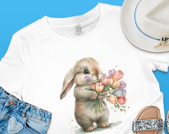 Camiseta estilo conejito de Pascua acuarela, lindo conejo con flores, regalo de Pascua de primavera, animal floral, conejo de Pascua, Frohe Ostern, Paques