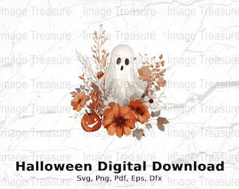 Halloween Ghost Floral Png Digital Download, Fall Ghost Svg Pumpkin Design, Autumn Halloween Eps Sublimation Dxf Halloween Ghost Pdf