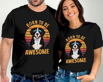 Berner Sennenhond in zonnebril grafisch T-shirt geboren om geweldig te zijn Retro honden T-shirt Vintage geïnspireerde hondenkunst met noodlijdende achtergrond