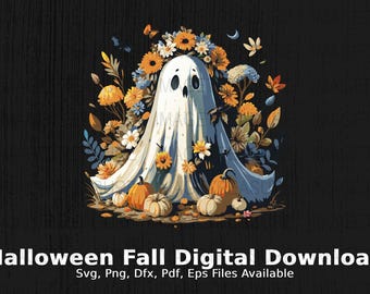 Ghost Svg Digital Download, Cute Halloween Ghost Png With Flowers, Fall Svg Halloween Print, Svg File for Cricut, Sublimation Png Design Dfx