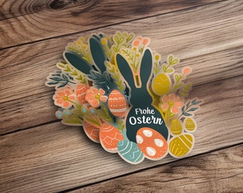 Easter Bunny Sticker, Floral Spring Decor, German Frohe Ostern Design, Colorful Egg Decals, Cute Rabbit Silhouette, Laptop Sticker