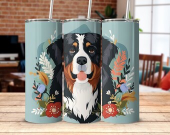 バーニーズ マウンテン ドッグ タンブラー、犬好きへのギフト、花柄の犬アート、かわいい犬カップ、ペット タンブラー、コーヒー トラベル マグ、動物デザイン タンブラー
