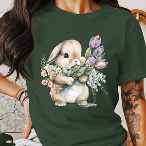 Linda camiseta de conejito de Pascua con diseño floral de acuarela, conejo de primavera, top de flores y conejitos, adorable ilustración de animales, Frohe Ostern, imagen 9