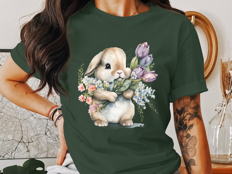 Linda camiseta de conejito de Pascua con diseño floral de acuarela, conejo de primavera, top de flores y conejitos, adorable ilustración de animales, Frohe Ostern, imagen 9