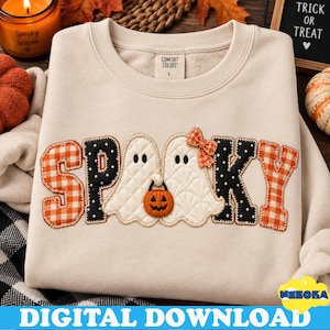 Spöklikt spöke PNG, Halloween-fauxapplikation PNG, sublimeringsdesign med ginghamspöke, söt lapptäcke-spöklik PNG, Halloween-tröjagrafik