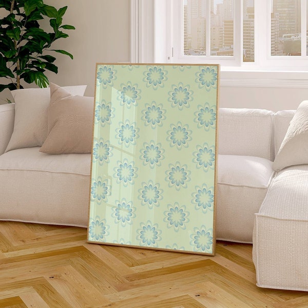 Light Green Flower Wall Art, Blue Abstract Floral Pattern, Preppy Dorm Decor for College Girls, Colorful Minimalist Poster for Teen Bedroom