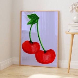Hand Drawn Cherry Wall Art, Modern Pop Art Print, Fruit Poster Printable, Lavender Purple Room Decor for Teens, Trendy Colorful Print
