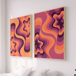 Juego de 2 piezas de arte de pared abstracto moderno de mediados de siglo, naranja y morado, decoración de habitación moderna para adolescentes, decoración de apartamentos universitarios con estética maximalista y audaz.