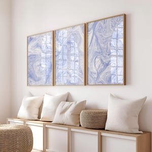 Blue Abstract Triptych Wall Art Set of 3, Wabi Sabi Minimalist Art for Above Bed Decor, Modern Coastal Prints, Wave Fluid Line Art Printable