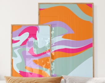Bright Colorful Abstract Wall Art Set of 2, Vibrant Eclectic Modern Art Printable, Bold Maximalist Decor, Funky Dopamine Decor Aesthetic Art