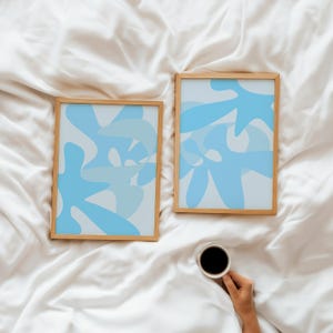 Abstract Light Blue Wall Art Set of 2, College Apartment Decor Retro Aesthetic Funky Poster Printable, Trendy Blue Dorm Room Decor for Teens