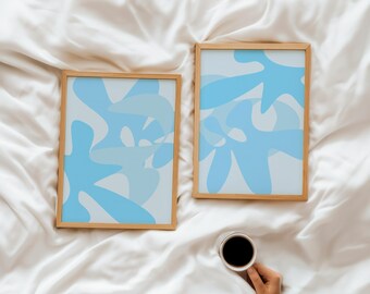Abstract Light Blue Wall Art Set of 2, College Apartment Decor Retro Aesthetic Funky Poster Printable, Trendy Blue Dorm Room Decor for Teens