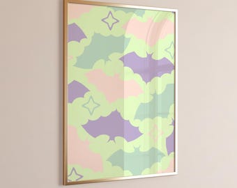 Bat Halloween Wall Art Printable, Pastel Halloween Decor for Girls Bedroom Artwork, Cute Spooky Decor for Kids Room, Green Pink Purple Print