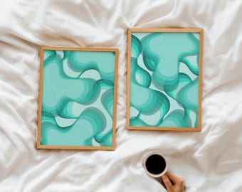 Abstract Teal Wall Art Set of 2, Turquoise Poster Printable, Aqua Blue Dorm Room Decor for Teens, College Apartment Decor, Girls Bedroom Art