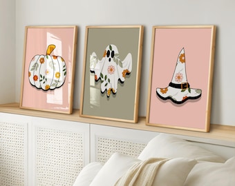 Floral Pink Halloween Printable Wall Art Set of 3, Pastel Halloween Decor for Kids Room or Nursery, Cute Ghost Pumpkin Witch Hat Prints