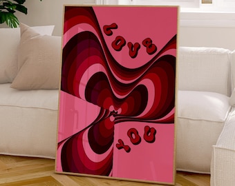 Arte de pared rosa imprimible "Te amo", póster femenino con arte abstracto de corazón para dormitorio de niña, decoración maximalista rosa preppy para dormitorio universitario.
