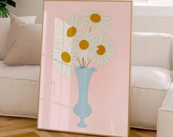 Retro Daisy Flower Bouquet Wall Art Printable, Pastel Pink Artwork for Girls Bedroom, Girly Floral Print, Preppy Dorm Room Decor Aesthetic