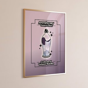 May include: Framed apothecary art print featuring a potion bottle with a black stopper, filled with purple and white liquid. The print includes the text "APOTHECARY Potions & Elixirs" and "A Collection of Enchanted Remedies."