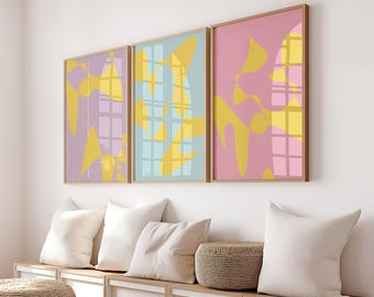 Lot de 3 oeuvres d'art murales abstraites pastel danoises, impressions colorées pour une décoration printanière, oeuvre d'art contemporaine, oeuvre d'art moderne à imprimer