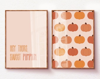 Cute Pumpkin Wall Art Set of 2, Cozy Fall Decor Printable Wall Art, Entryway Art Thanksgiving Prints, Autumn Home Decor, Living Room Posters