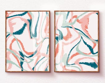 Pink Teal Wall Art Set of 2, Preppy Room Decor for Teens, Trendy College Apartment Decor Aesthetic Dorm Room Prints, Girly Bedroom Ideas