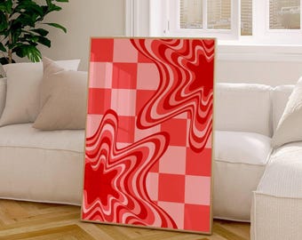 Pink Red Checkered Funky Wall Art Printable, Retro Y2k Decor for Teen Bedroom, Maximalist Dopamine Decor Aesthetic Print, Dorm Room Decor