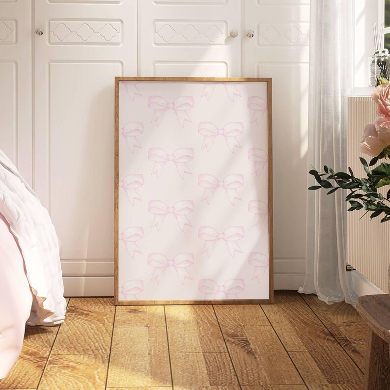 Hand Drawn Pink Bow Wall Art Print, Coquette Room Decor Aesthetic Cozy ...