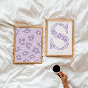 Custom Name Wall Art Printable, Purple Floral Initial Print, Kids Room Decor, Above Bed Art for Baby Girl Nursery or Tween Bedroom Artwork