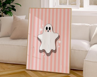 Cute Ghost Wall Art Printable, Pastel Pink Halloween Decor for Girls Bedroom or Kids Room Decor, Trendy Ghost Print for Spooky Season Decor
