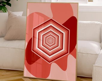 Abstract Hexagon Wall Art Printable, Modern Geometric Print for Contemporary Home Decor, Minimalist Red and Pink Print, Living Room Artwork