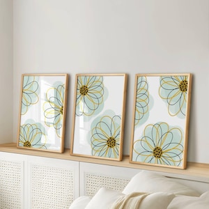 Light Teal Blue Flower Wall Art Set of 3, Boho Floral Prints, Minimalist Living Room, Cute Room Decor for Teen Girls, Aesthetic Bathroom Art