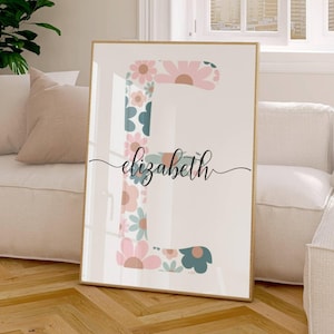 Benutzerdefinierte Initial Name Wall Art Printable mit Blumen Brief Illustration, personalisierte Baby Mädchen Kinderzimmer Dekor, Tween Mädchen Zimmer, Kinder Spielzimmer