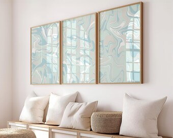 Juego de 3 cuadros de pared con temática playera abstracta, impresiones costeras azules para sala de estar, decoración náutica para baño, arte imprimible para dormitorio infantil sobre cama.