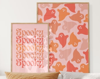 Pink Halloween Wall Art Set of 2, Spooky Art Printable with Cute Ghost Print, Pastel Halloween Decor for Kids Room or Nursery, Fall Artwork