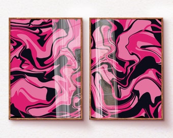Hot Pink Wall Art Set of 2, Preppy Room Decor Aesthetic Y2k, Abstract Swirl Funky Prints, College Apartment Pink and Black Poster Printable