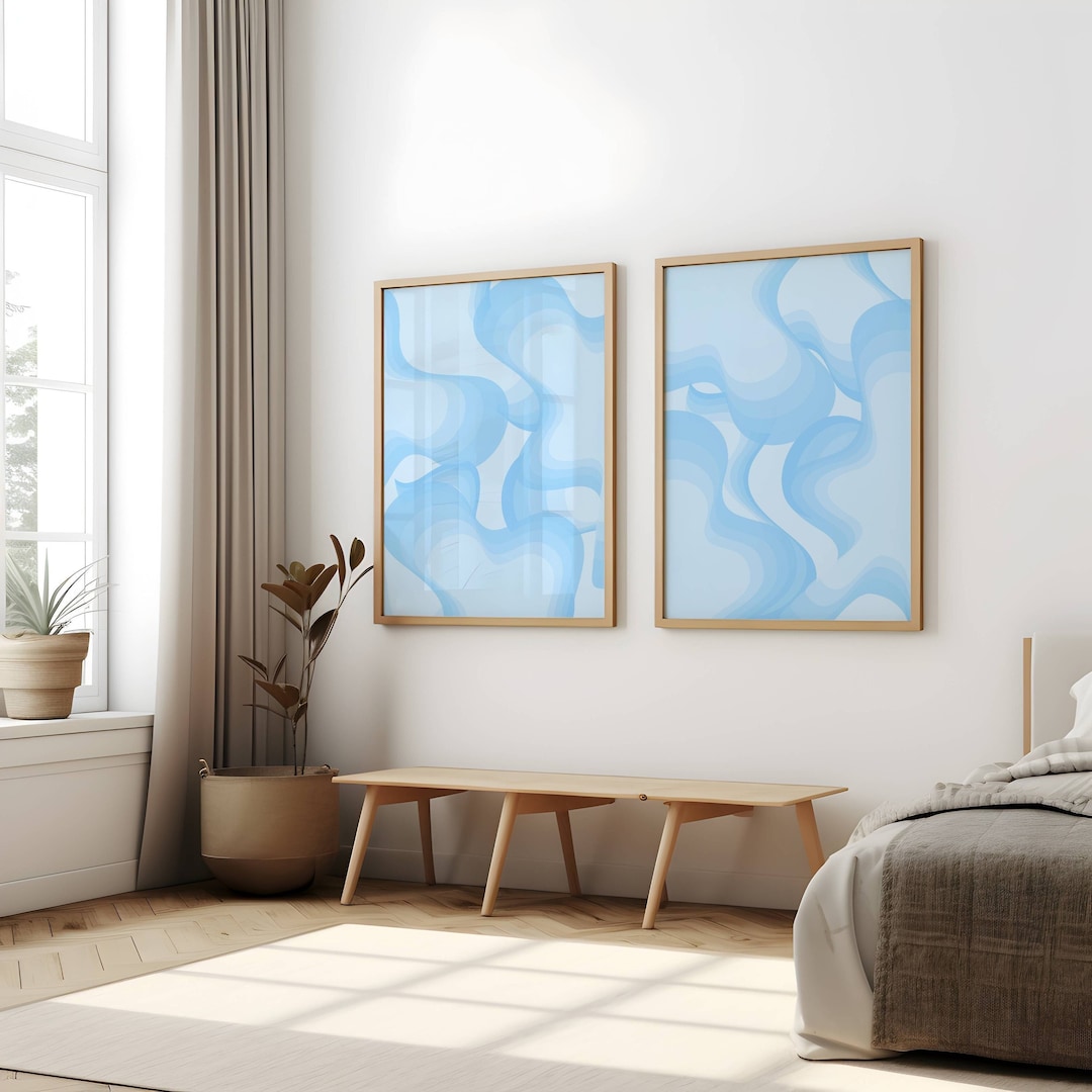 Set of Two Light Blue Wall Art Prints Apartment Decor Aesthetic Modern
