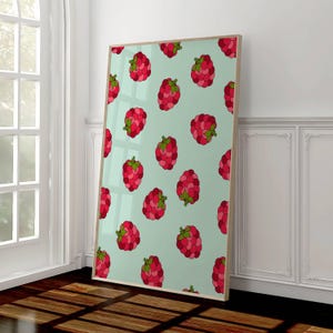 Framboos keuken muur kunst afdrukbare, kleurrijke voedselkunst voor dopamine decor, bessen illustratie print, schattig eetkamer decor esthetiek