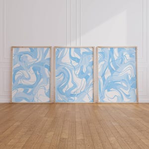 Light Blue Wall Art Set of 3, Trendy Dorm Decor for College Girls, Abstract Blue and White Aesthetic Bedroom Prints, Preppy Stuff for Teens