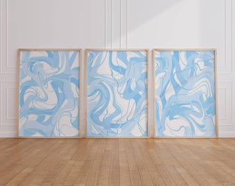Set di 3 stampe da parete azzurre, decorazioni alla moda per dormitori per ragazze universitarie, stampe astratte blu e bianche per la camera da letto, roba da ragazzina per adolescenti